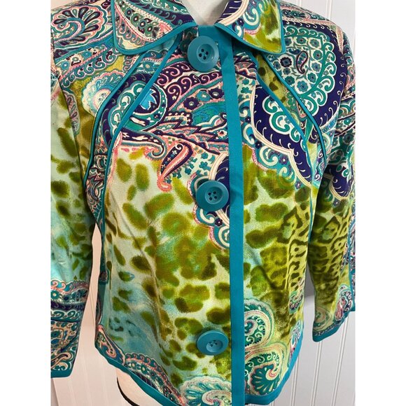 Harvé Benard Womens Paisley Print Jacket Size 8 Cotton Blend Green & Teal - Picture 3 of 13